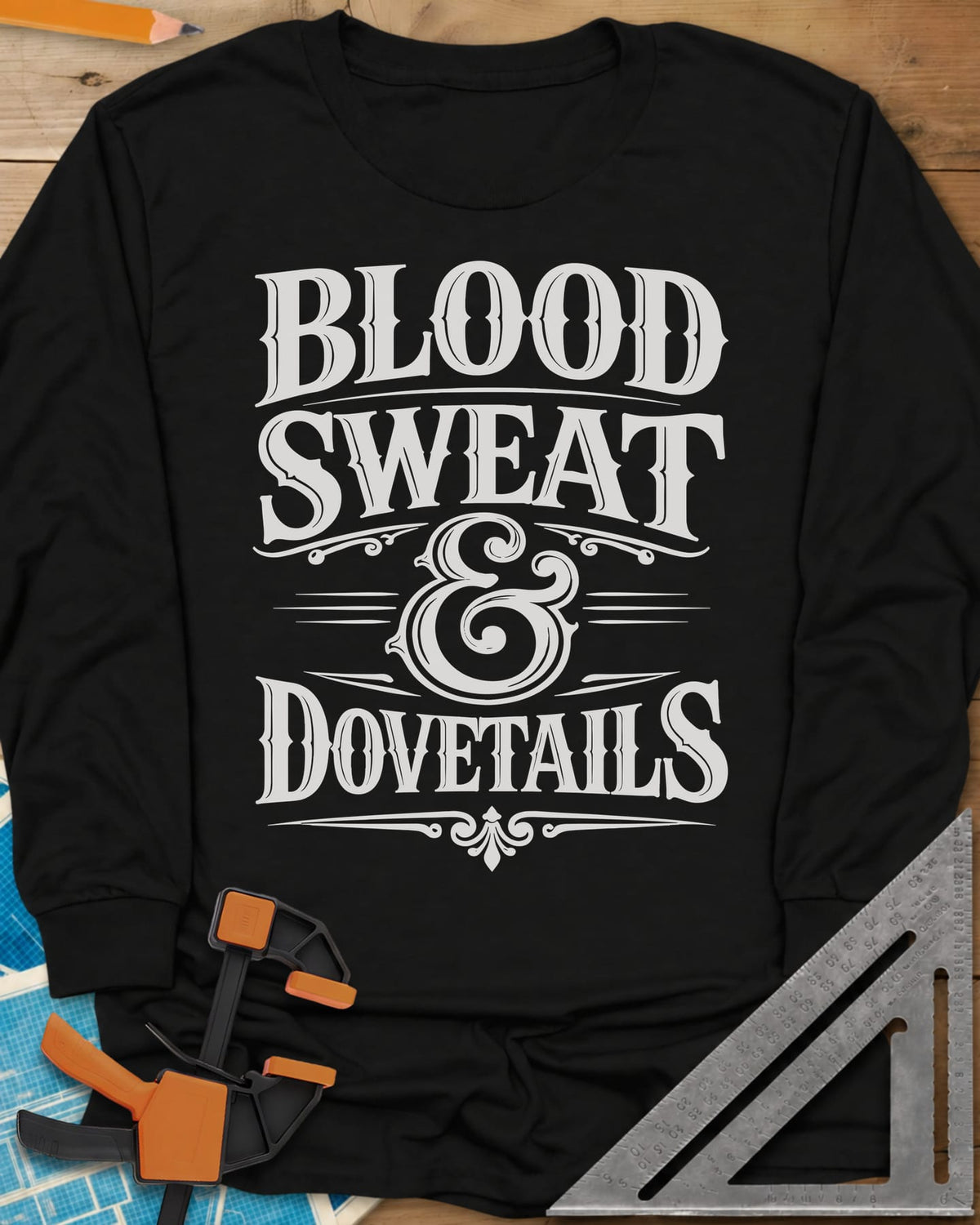 Blood Sweat And Dovetails long sleeve shirt in Black, ornate old-style lettering with swirl rules and a looped ampersand