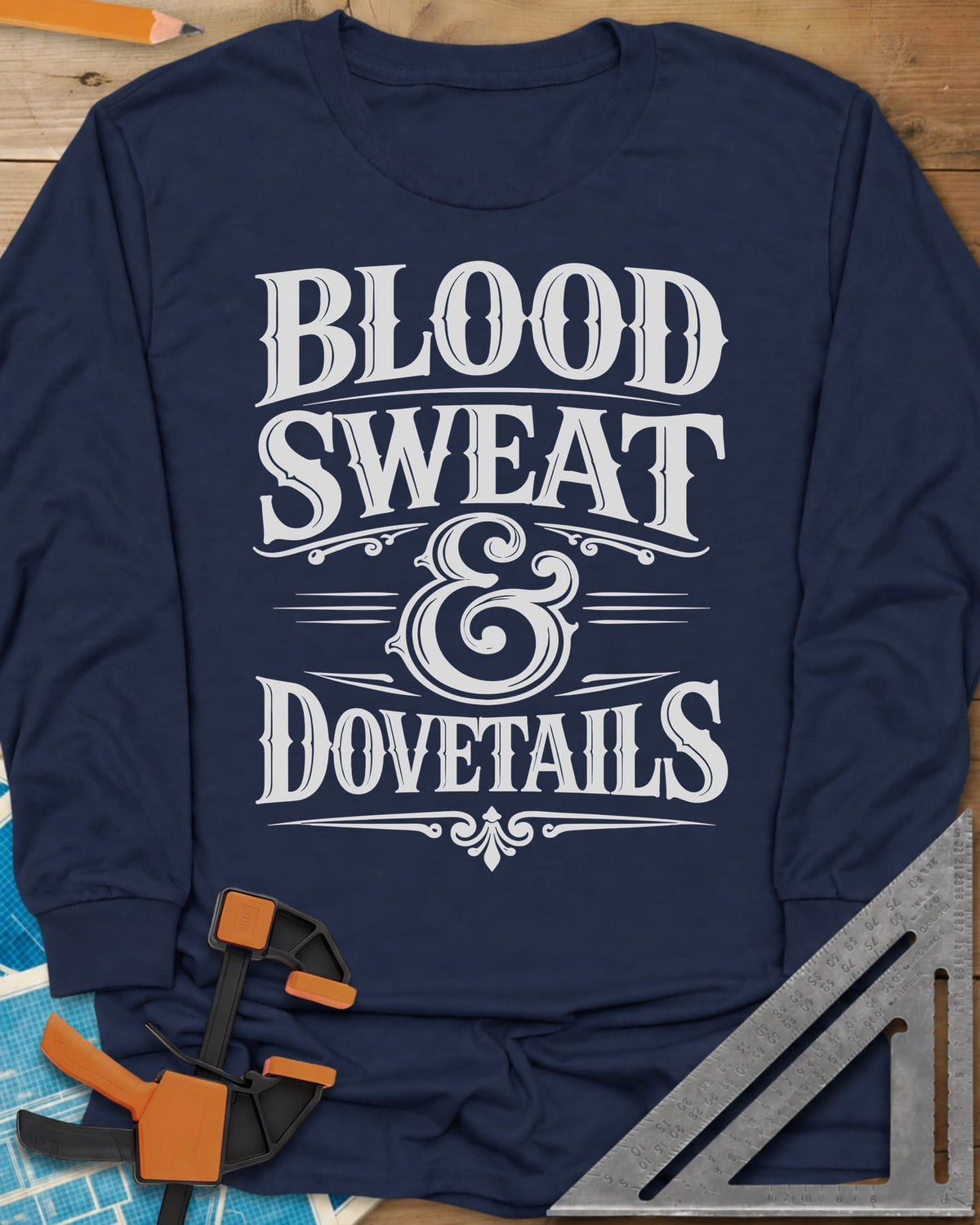 Blood Sweat And Dovetails long sleeve shirt in Navy, ornate old-style lettering with swirl rules and a looped ampersand