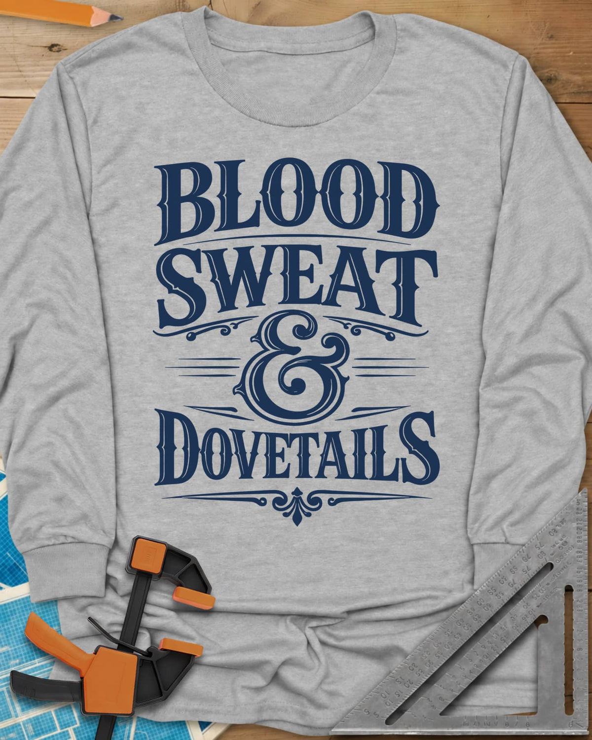 Blood Sweat And Dovetails long sleeve shirt in Sport Grey, ornate old-style lettering with swirl rules and a looped ampersand