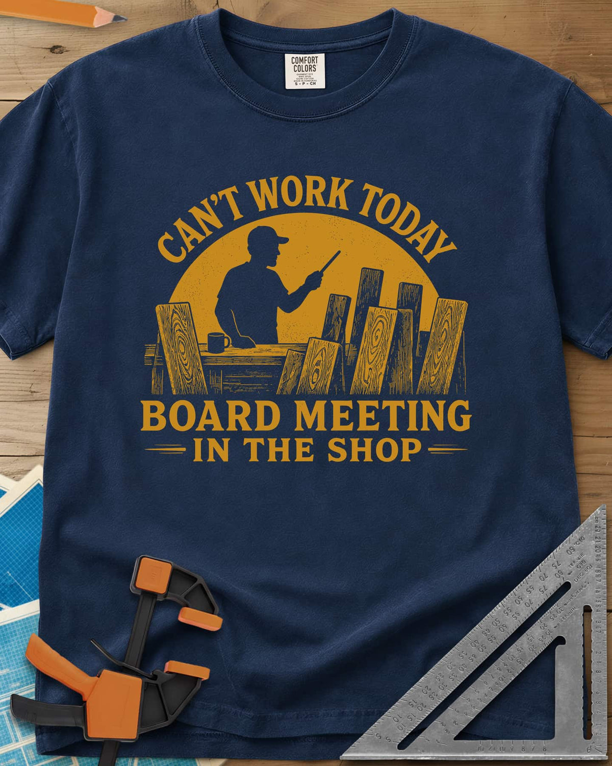 Board Meeting heavyweight tee in Navy, a man presenting to a row of upright boards under a big sun