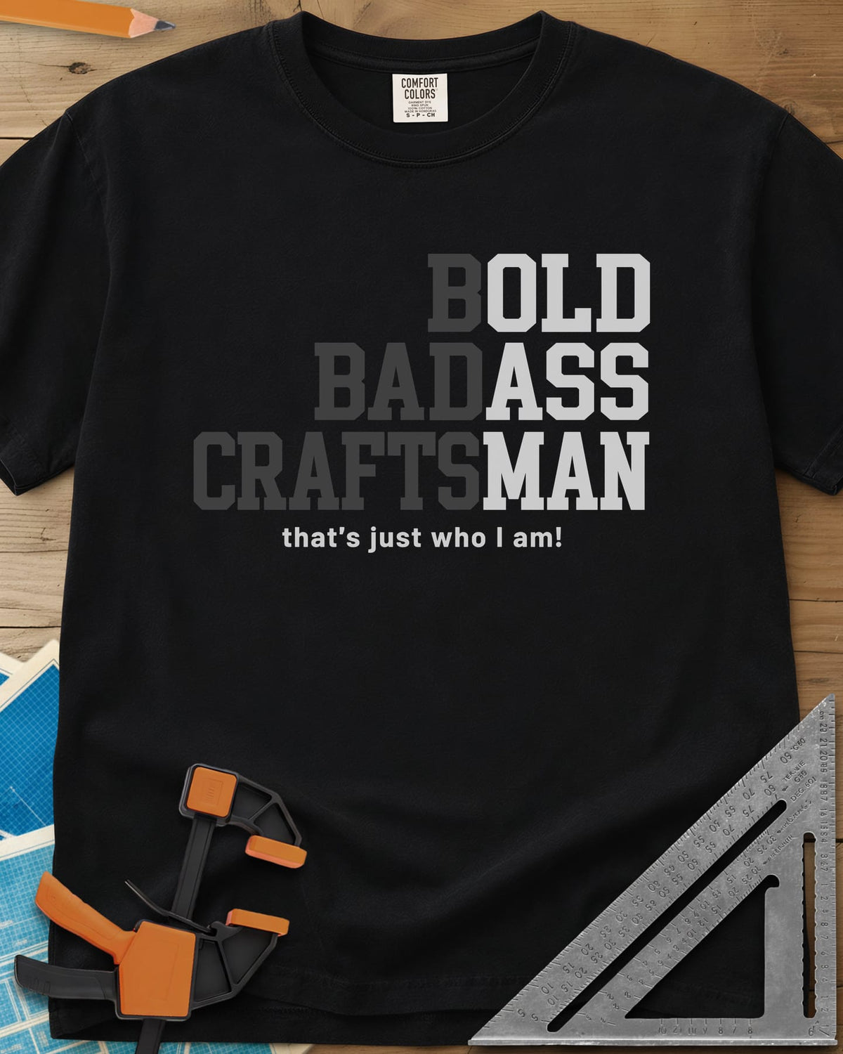Bold Badass Craftsman heavyweight tee in Black, stacked block letters split into grey and white halves