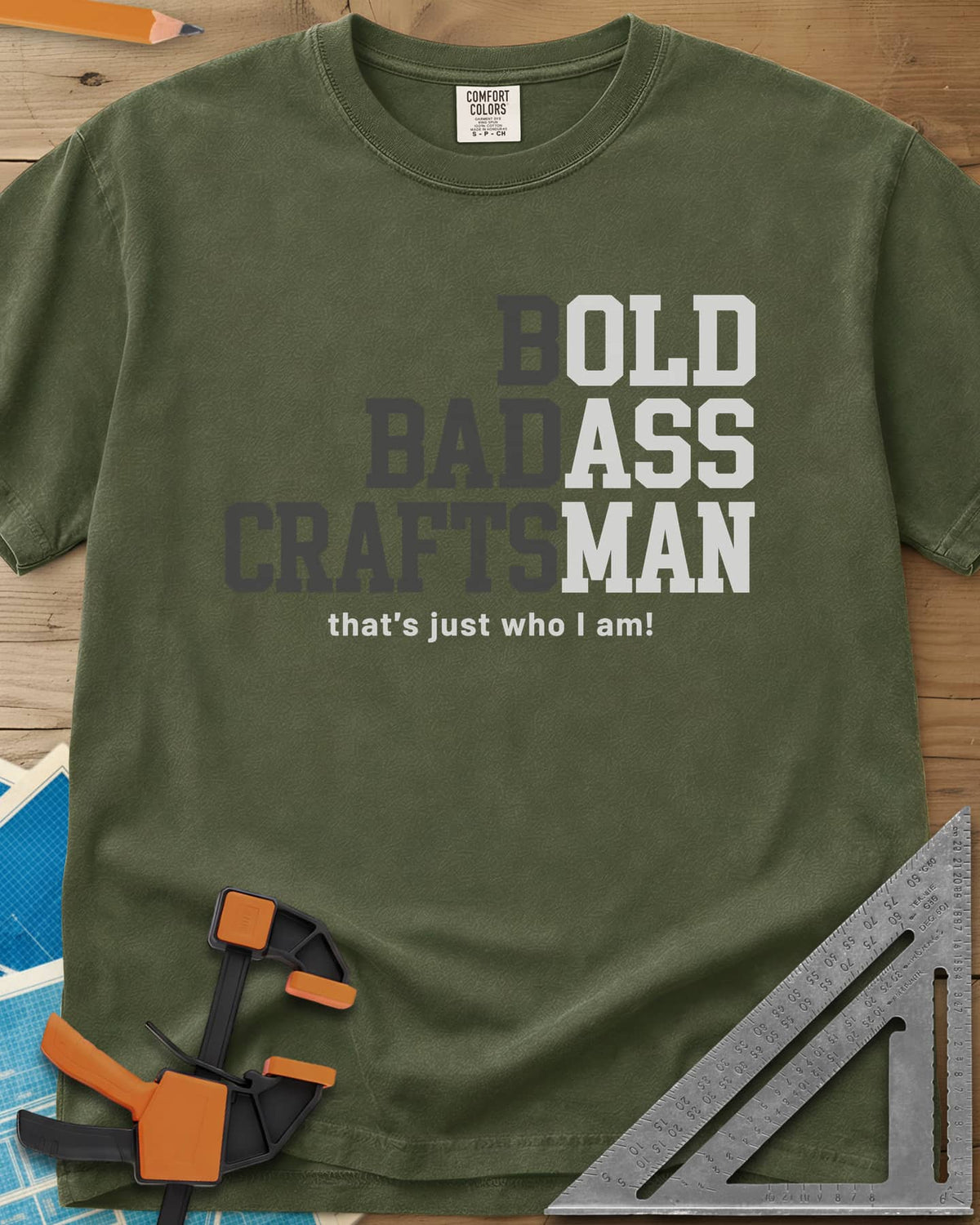 Bold Badass Craftsman heavyweight tee in Hemp, stacked block letters split into grey and white halves