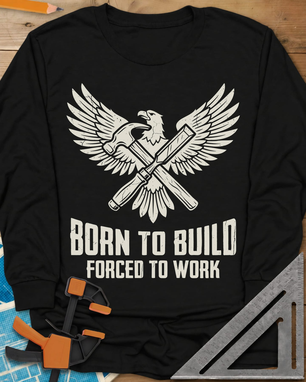 Born To Build long sleeve shirt in Black, an eagle with spread wings over a crossed hammer and chisel
