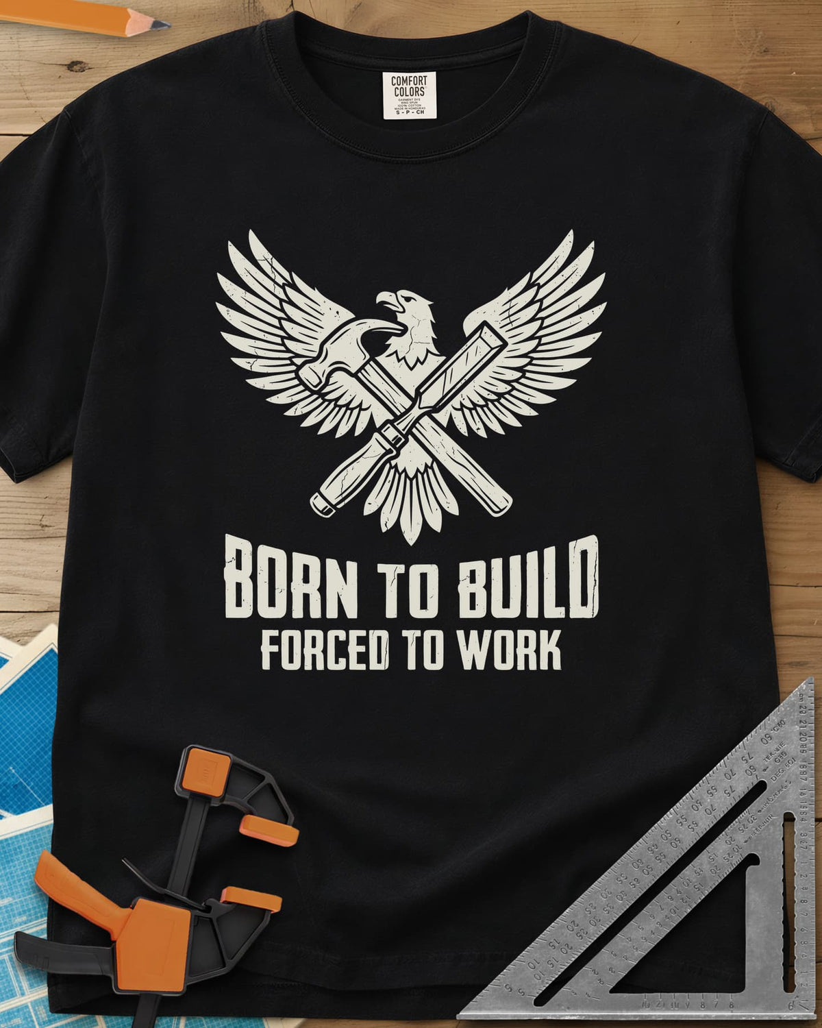 Born To Build heavyweight tee in Black, an eagle with spread wings over a crossed hammer and chisel