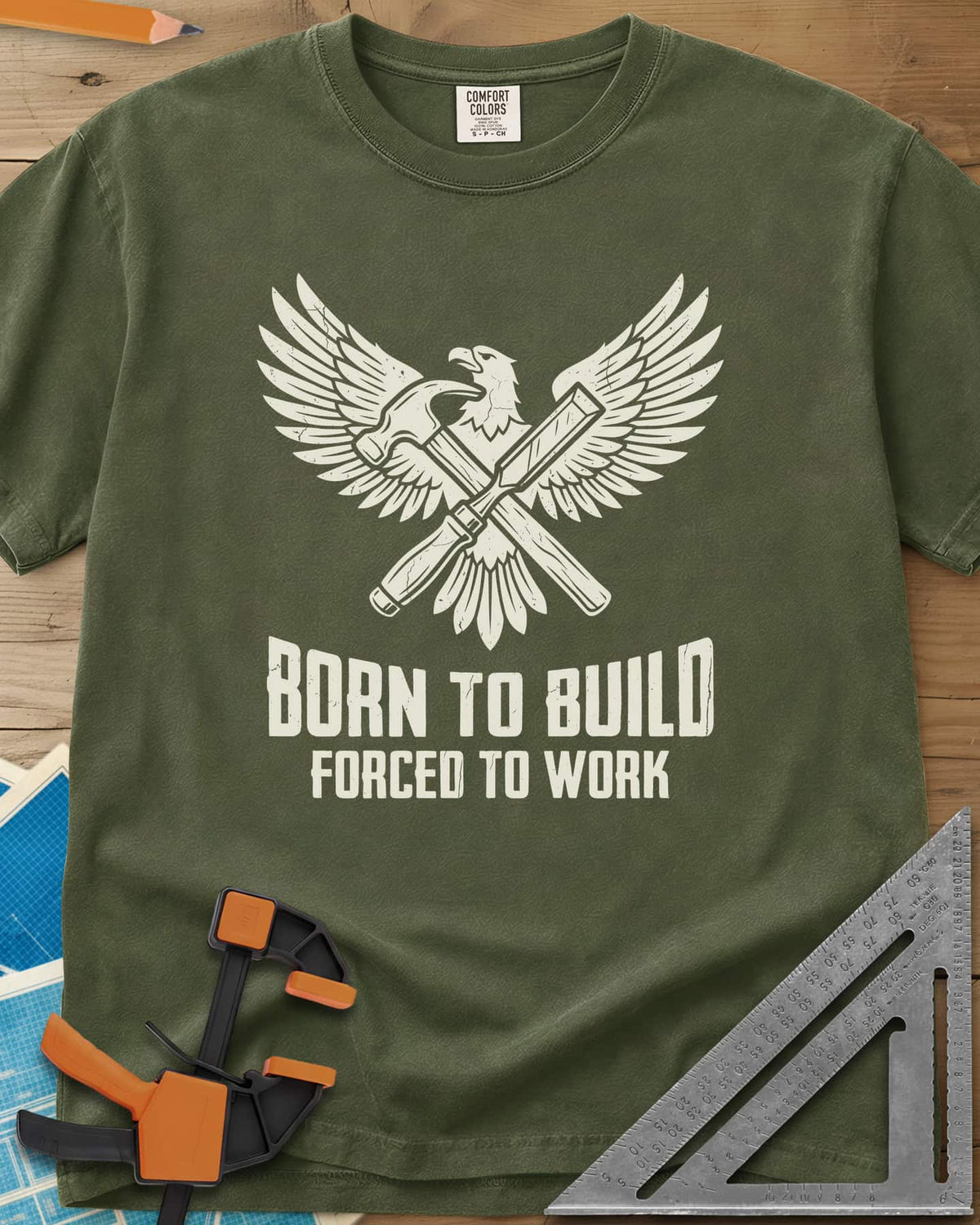 Born To Build heavyweight tee in Hemp, an eagle with spread wings over a crossed hammer and chisel