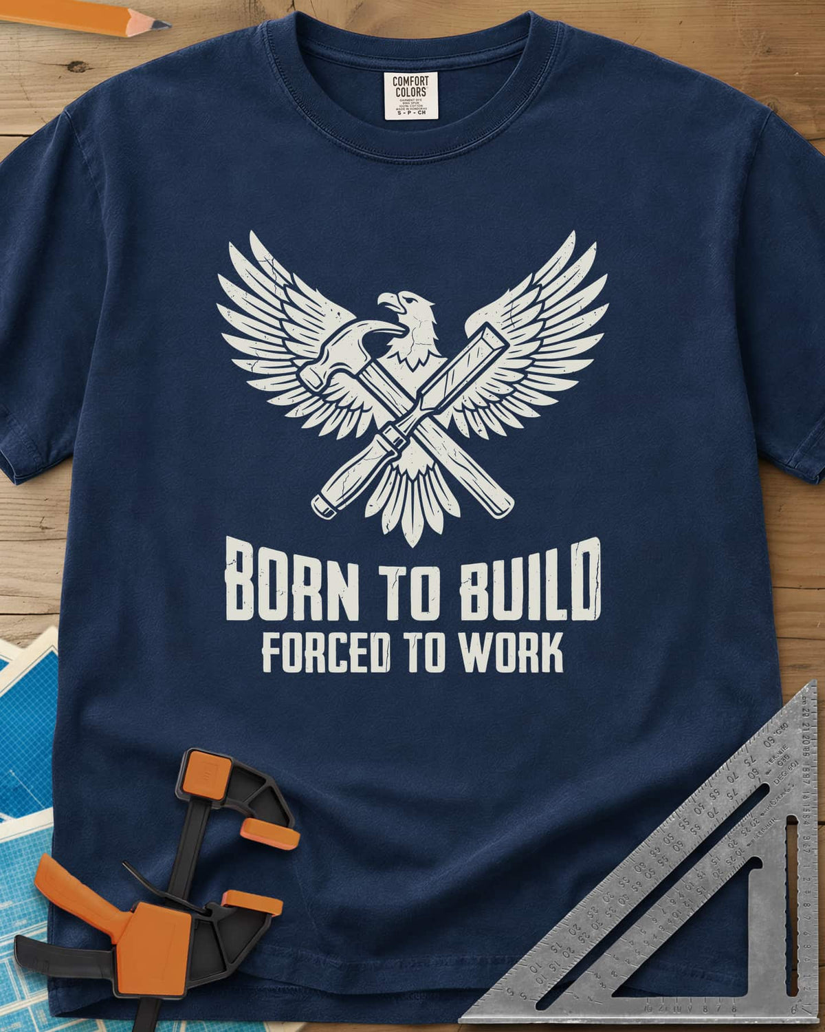 Born To Build heavyweight tee in Navy, an eagle with spread wings over a crossed hammer and chisel