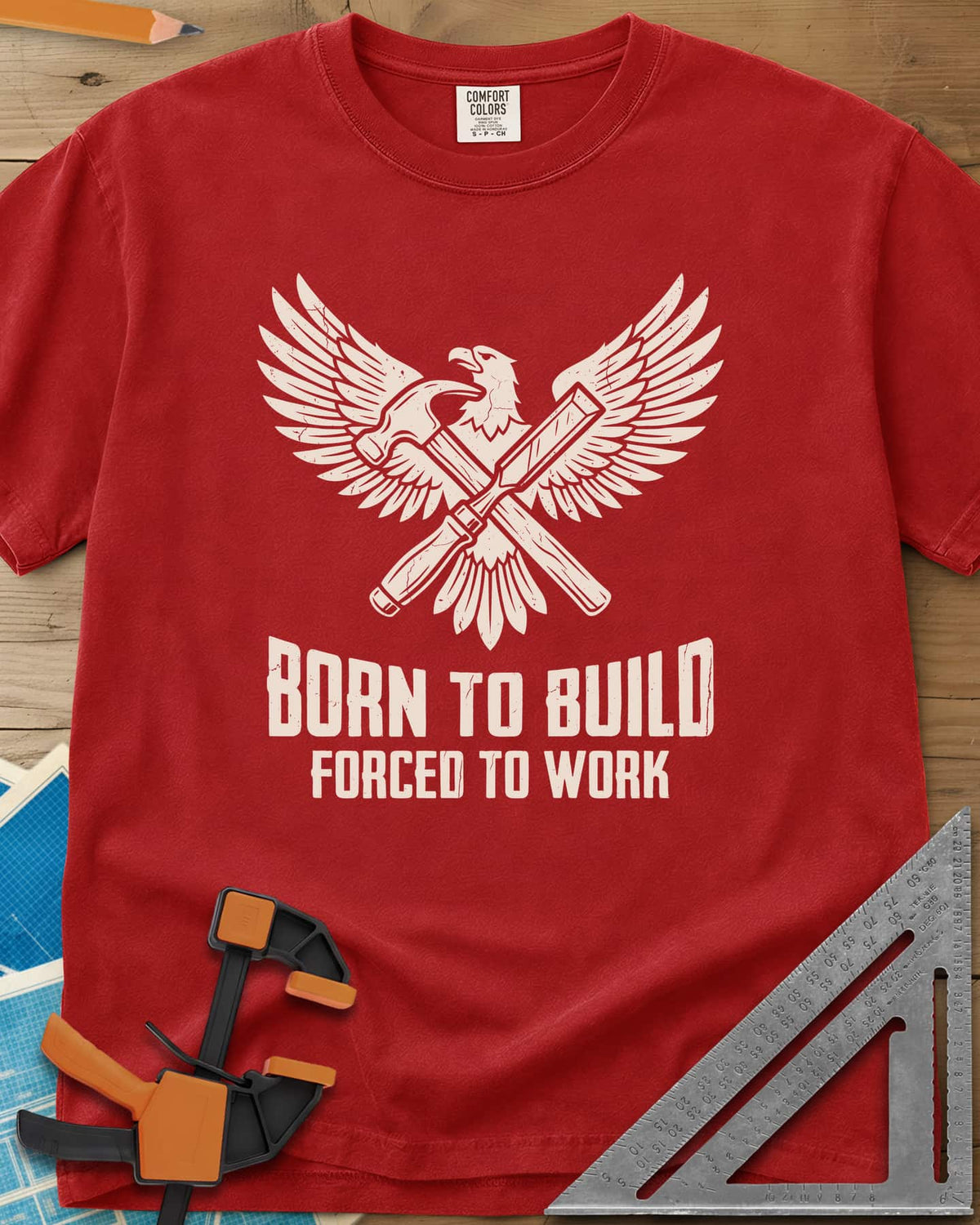 Born To Build heavyweight tee in Red, an eagle with spread wings over a crossed hammer and chisel