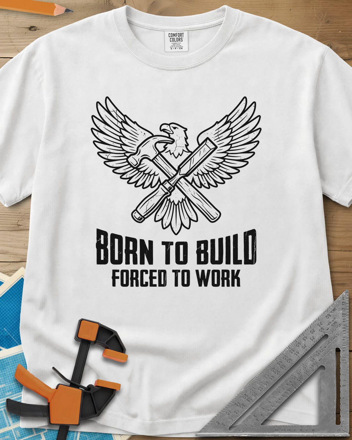 Born To Build heavyweight tee in White, an eagle with spread wings over a crossed hammer and chisel