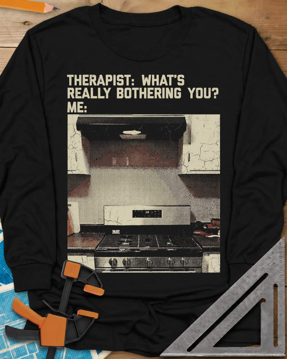 Bothering You? long sleeve shirt in Black, a grainy halftone photo of a kitchen stove under its range hood
