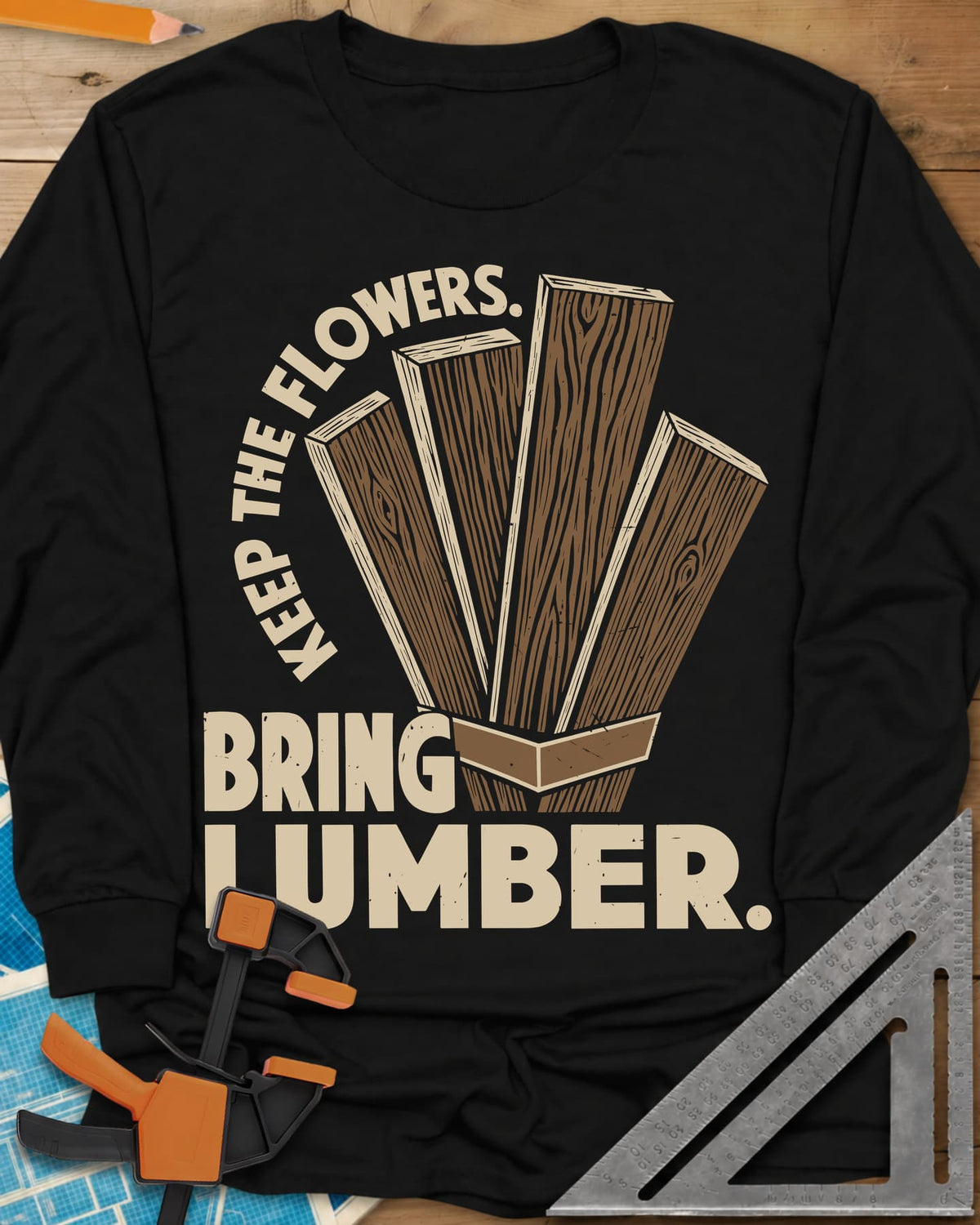 Bring Lumber long sleeve shirt in Black, four wood-grain boards fanned out like a bouquet