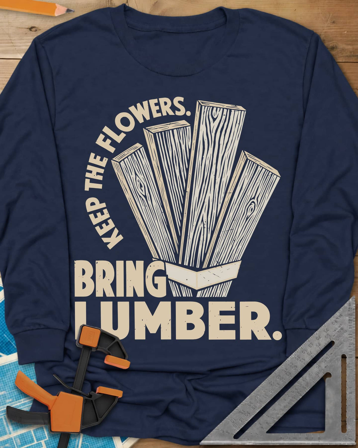 Bring Lumber long sleeve shirt in Navy, four wood-grain boards fanned out like a bouquet