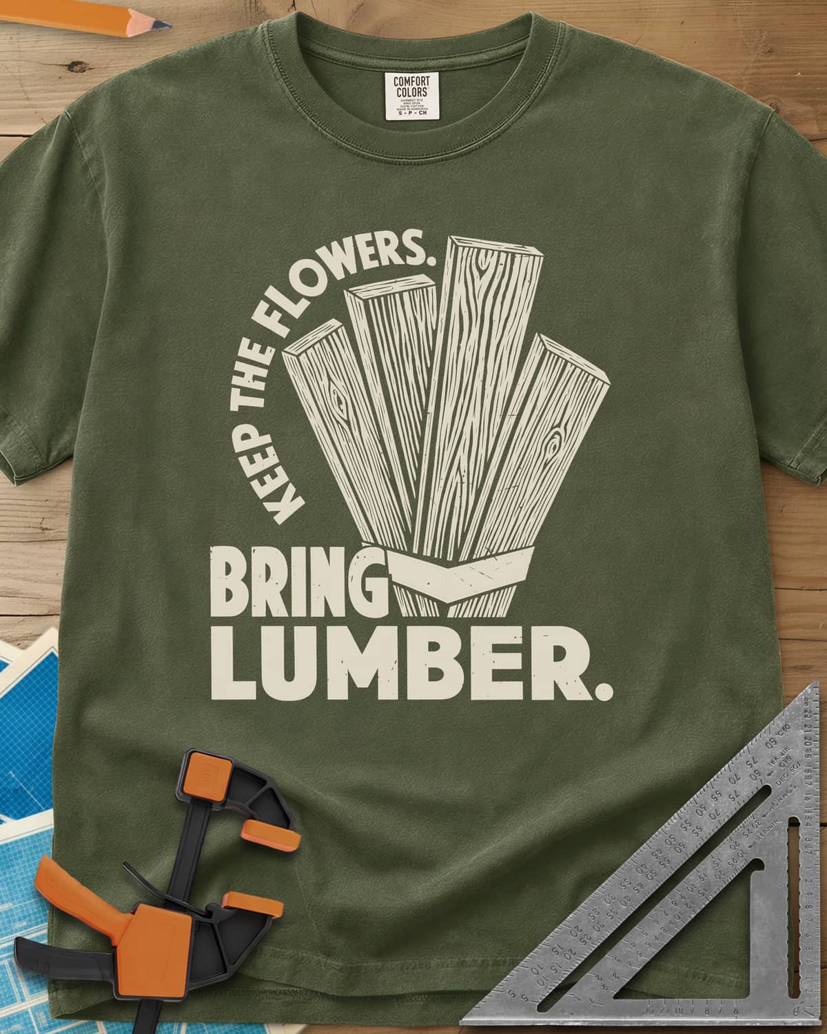 Bring Lumber heavyweight tee in Hemp, four wood-grain boards fanned out like a bouquet