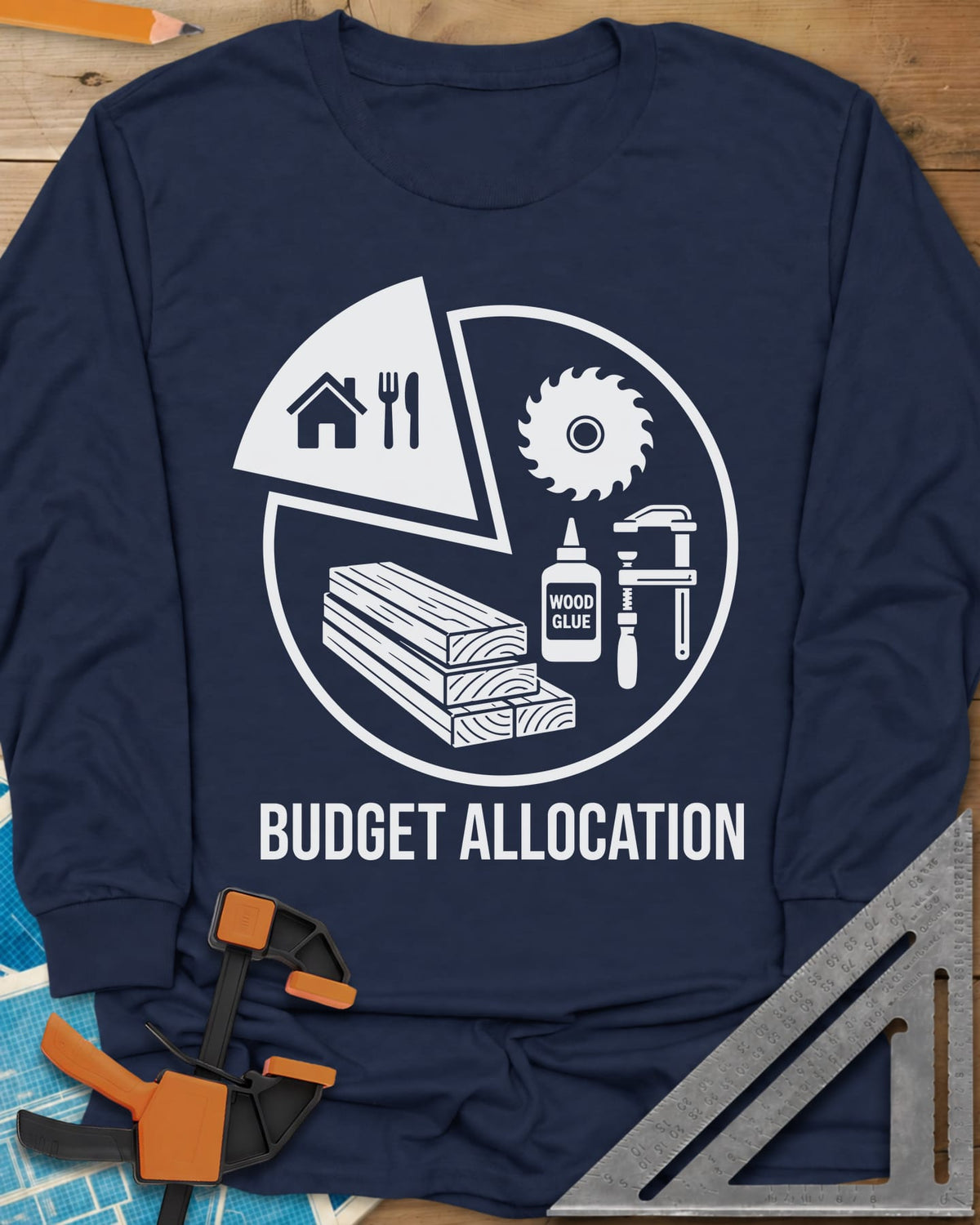 Budget Allocation long sleeve shirt in Navy, pie chart: a small house and meal slice, the rest woodworking gear