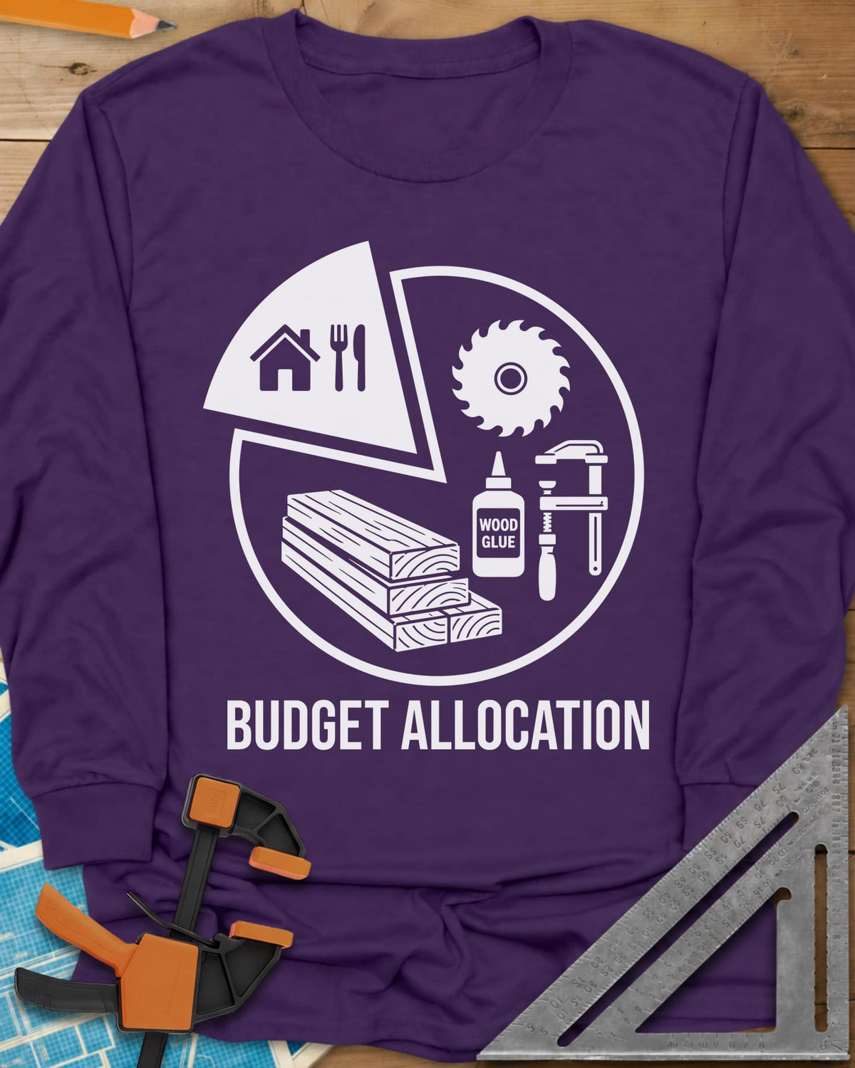 Budget Allocation long sleeve shirt in Purple, pie chart: a small house and meal slice, the rest woodworking gear