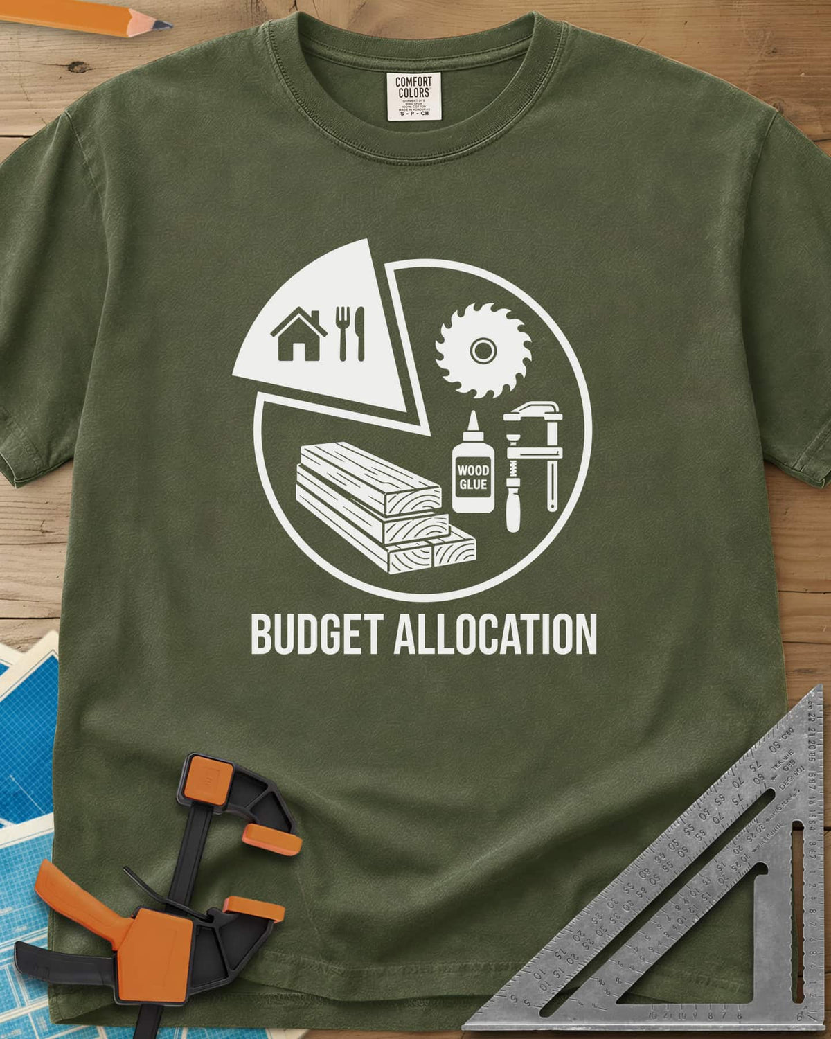 Budget Allocation heavyweight tee in Hemp, pie chart: a small house and meal slice, the rest woodworking gear