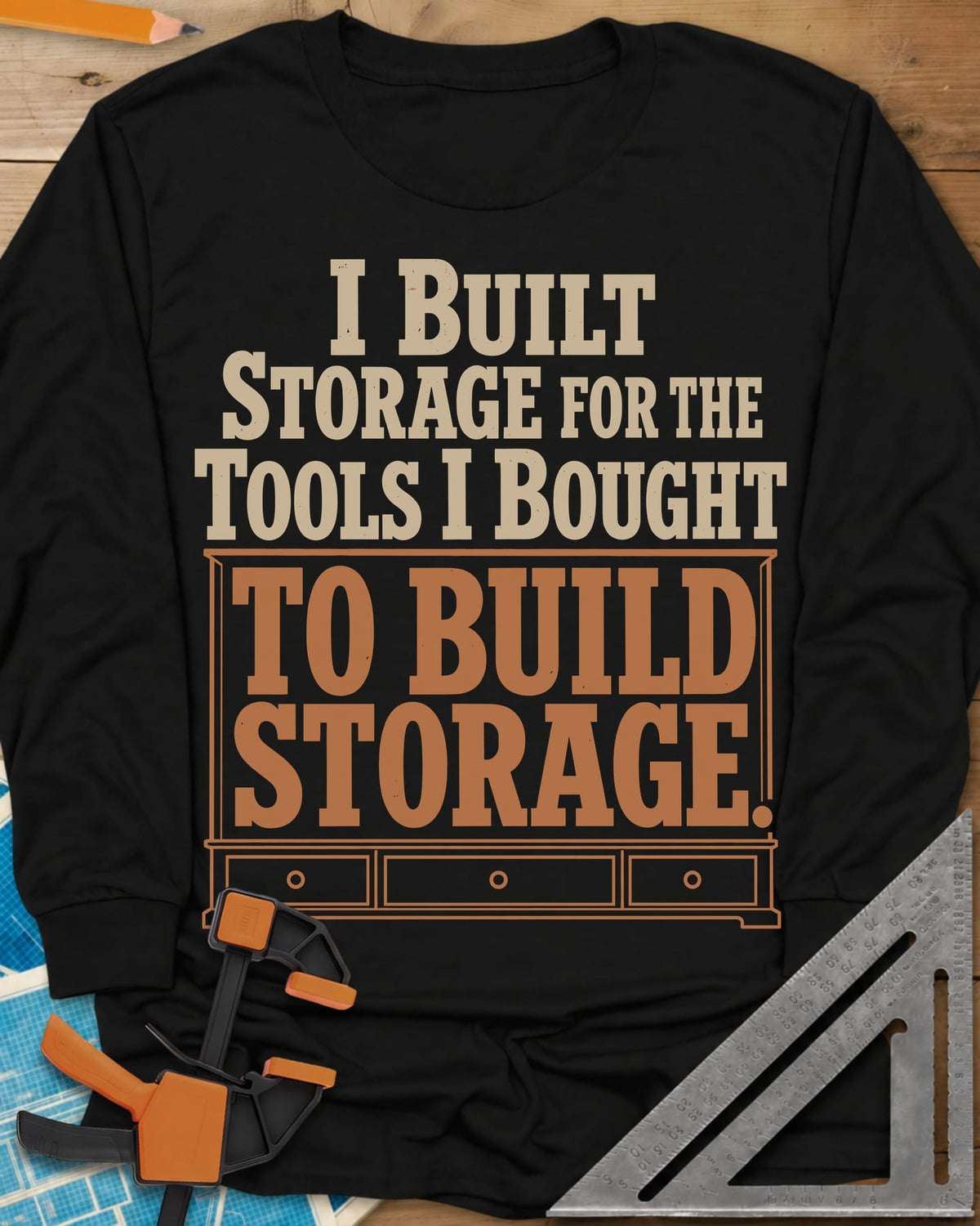 Build Storage long sleeve shirt in Black, lettering framed by a three-drawer sideboard outline