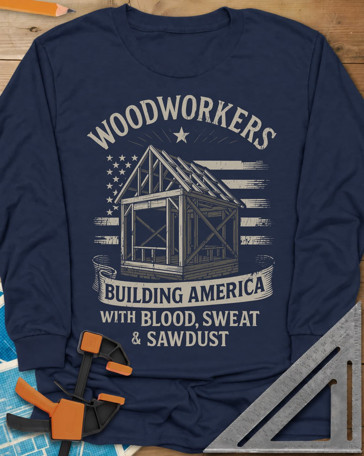 Building America long sleeve shirt in Navy, a timber frame in front of a worn American flag