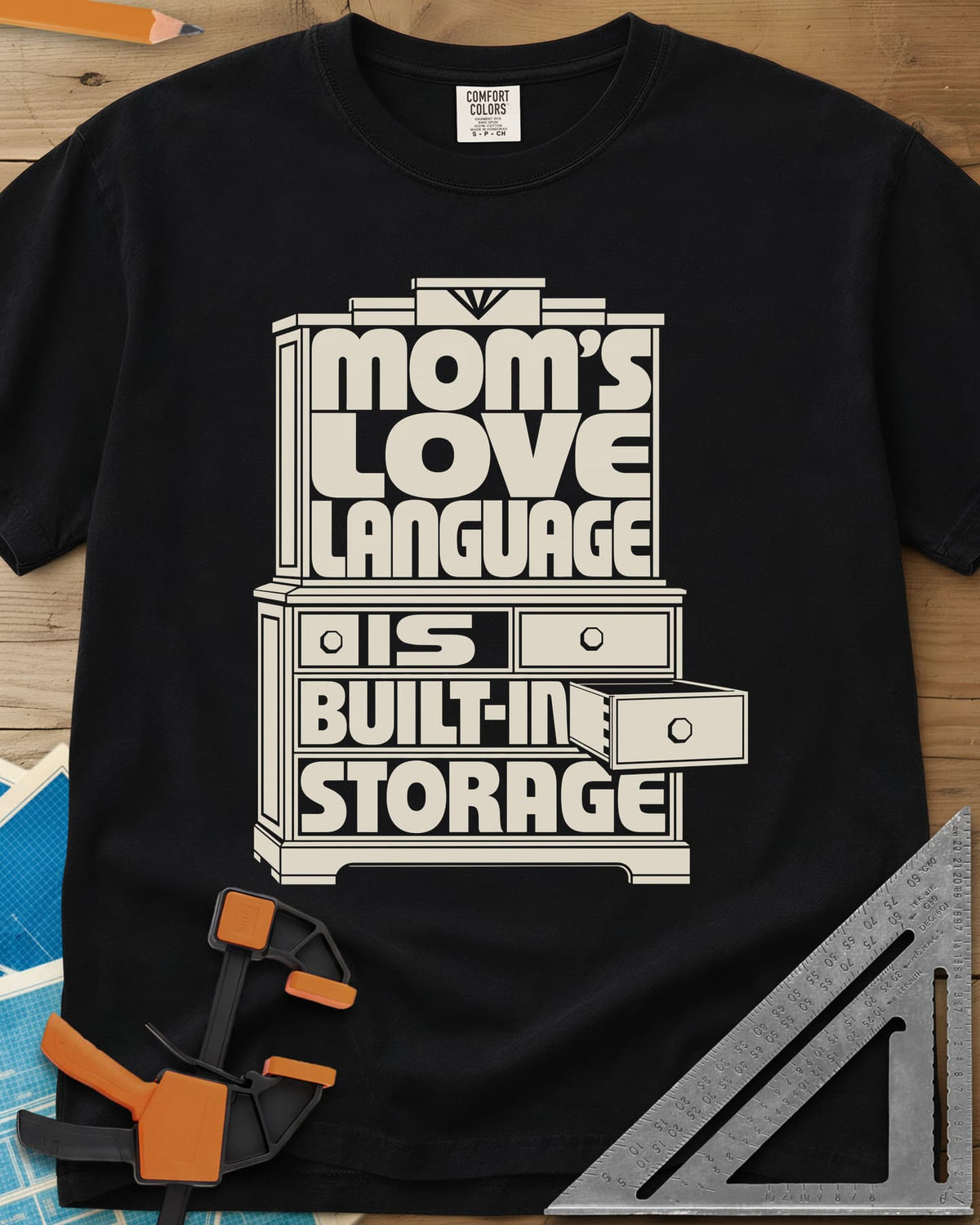 Built-In Storage heavyweight tee in Black, block letters set inside a hutch outline with one drawer open