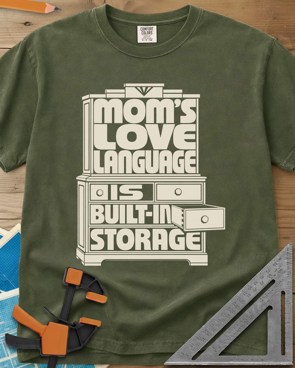 Built-In Storage heavyweight tee in Hemp, block letters set inside a hutch outline with one drawer open