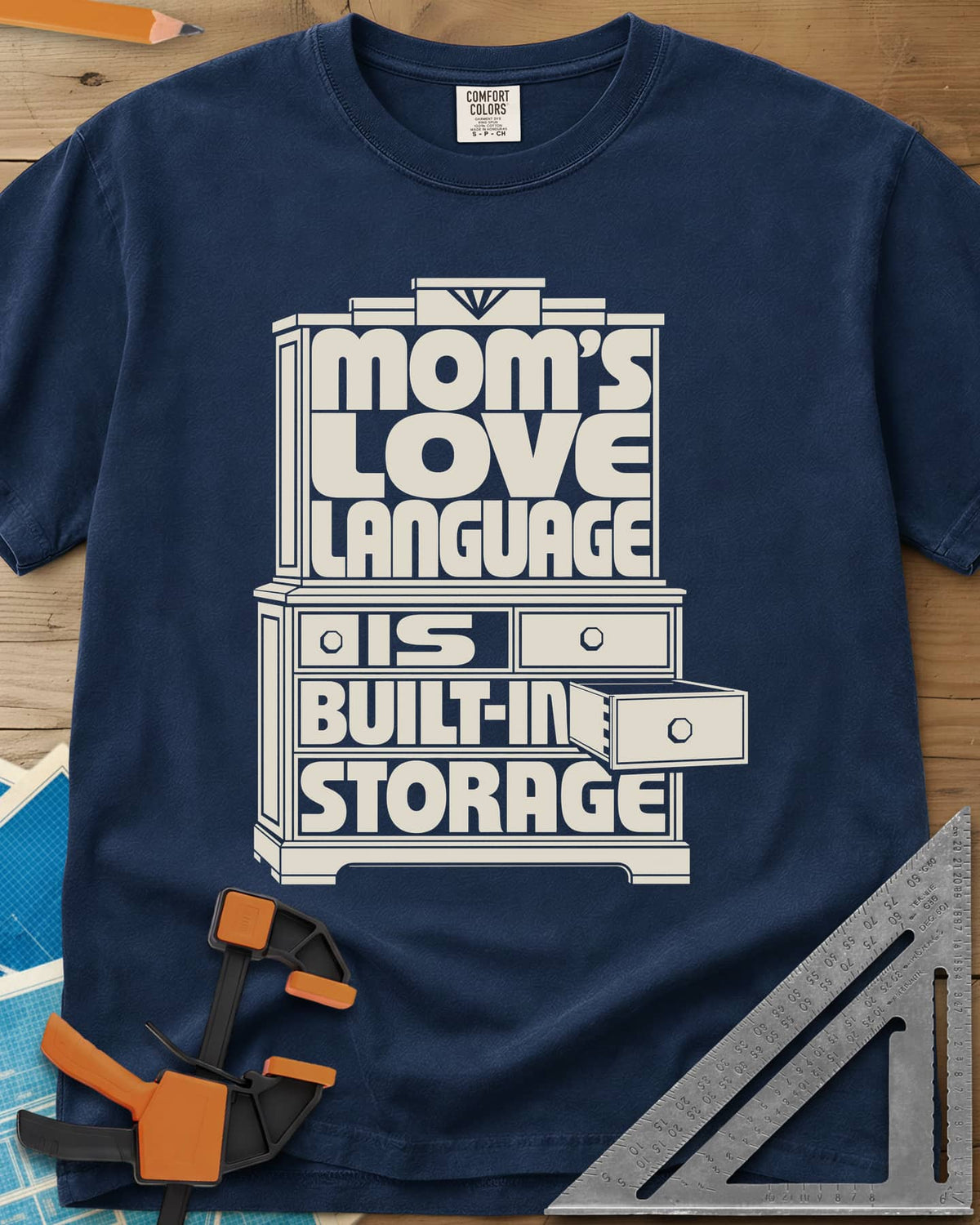 Built-In Storage heavyweight tee in Navy, block letters set inside a hutch outline with one drawer open