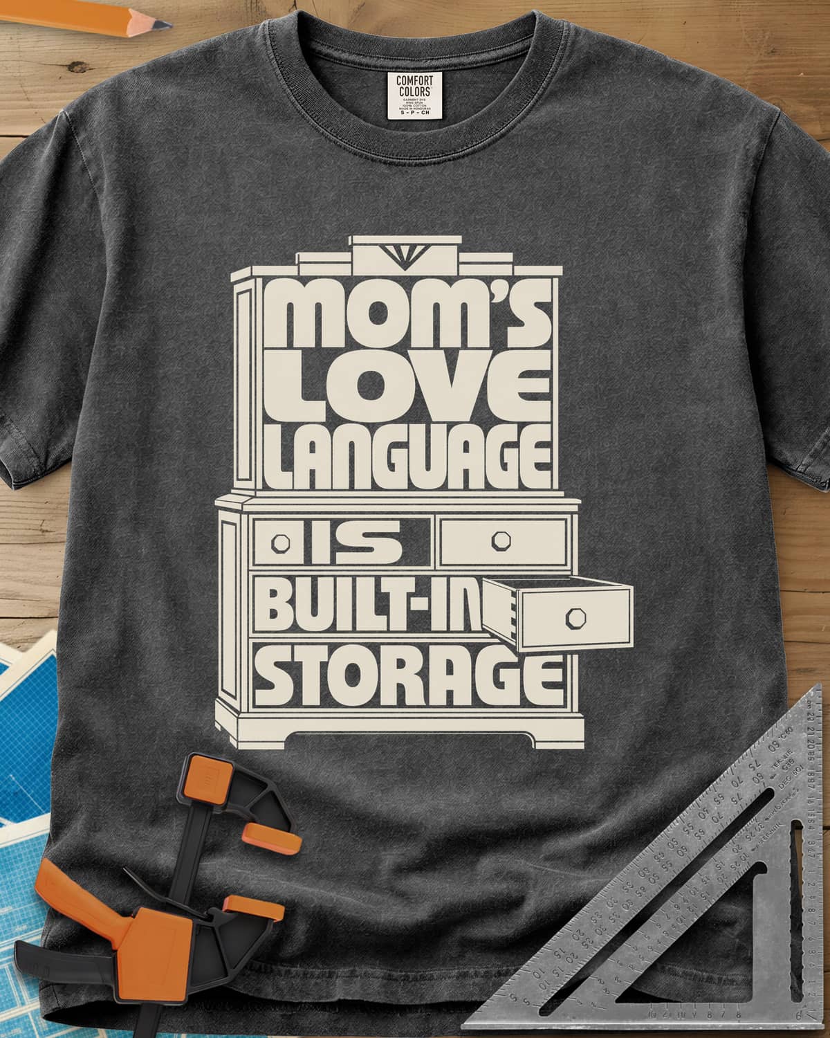 Built-In Storage heavyweight tee in Pepper, block letters set inside a hutch outline with one drawer open