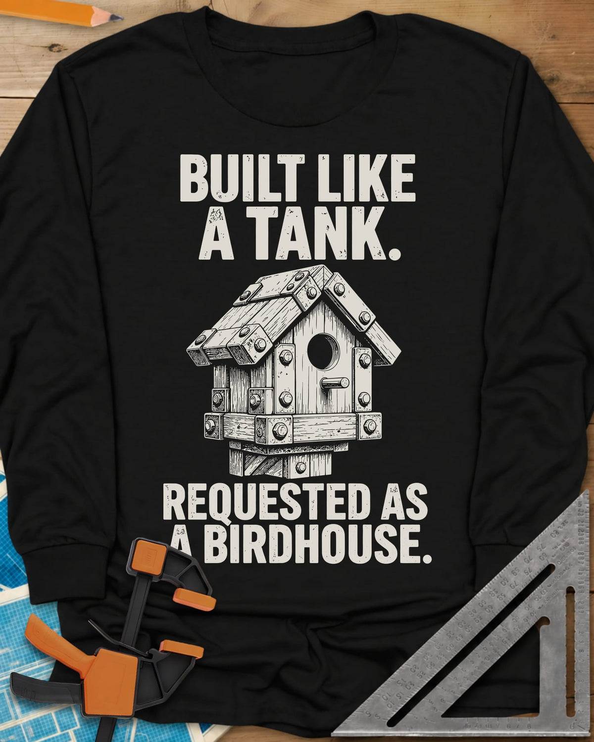 Built Like A Tank long sleeve shirt in Black, a birdhouse armored with bolted plates and brackets