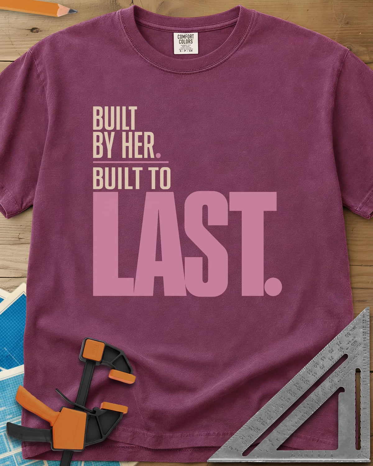 Built To Last heavyweight tee in Berry, bold type only, with LAST set huge in pink