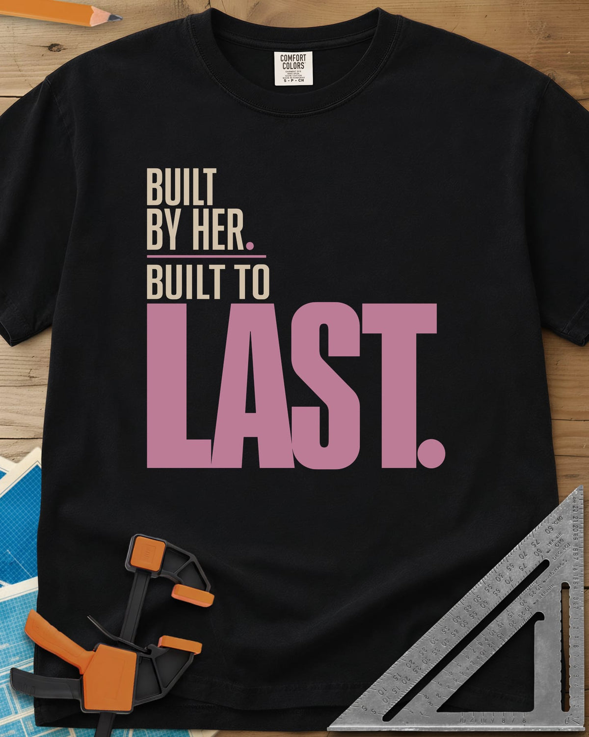 Built To Last heavyweight tee in Black, bold type only, with LAST set huge in pink