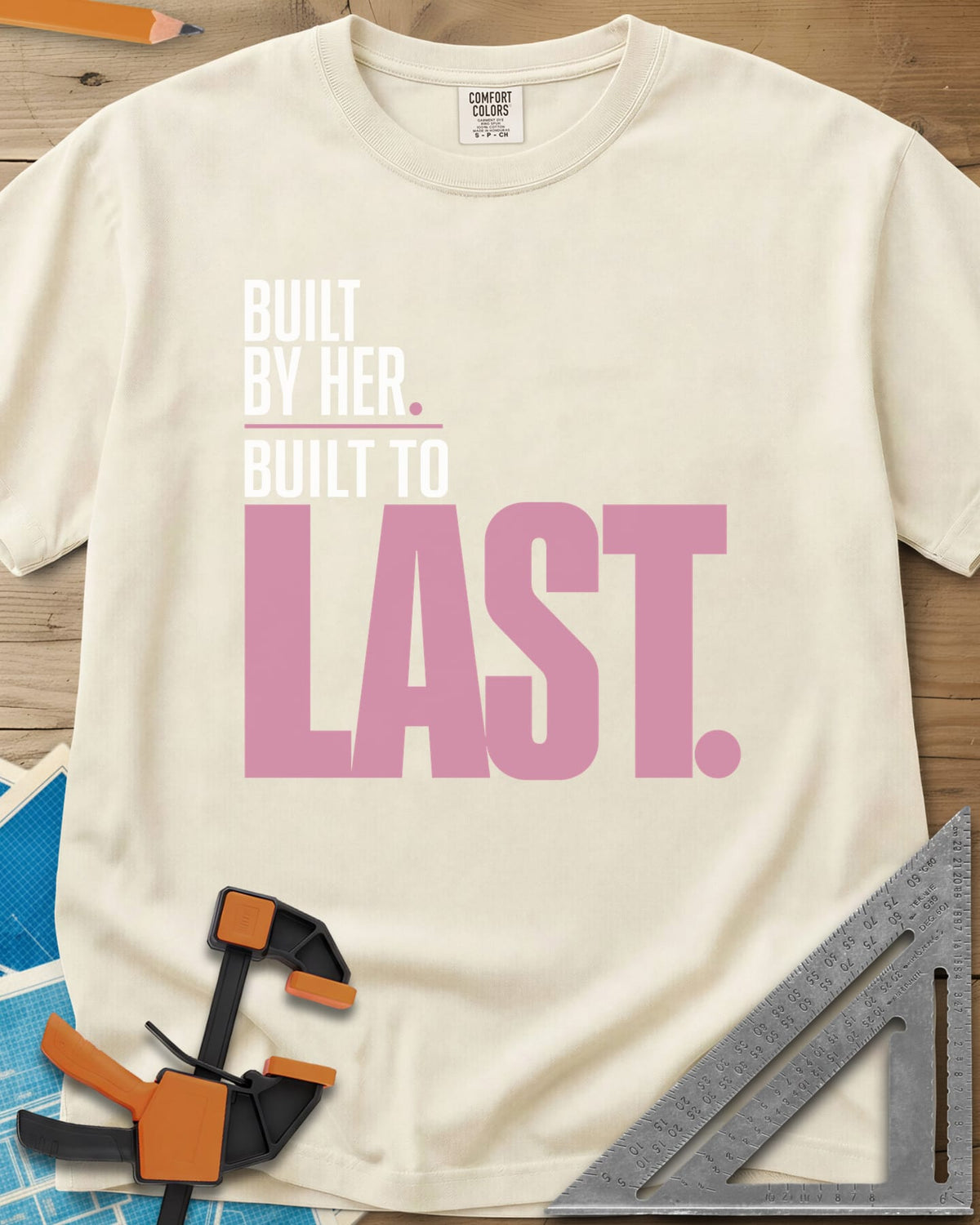 Built To Last heavyweight tee in Ivory, bold type only, with LAST set huge in pink