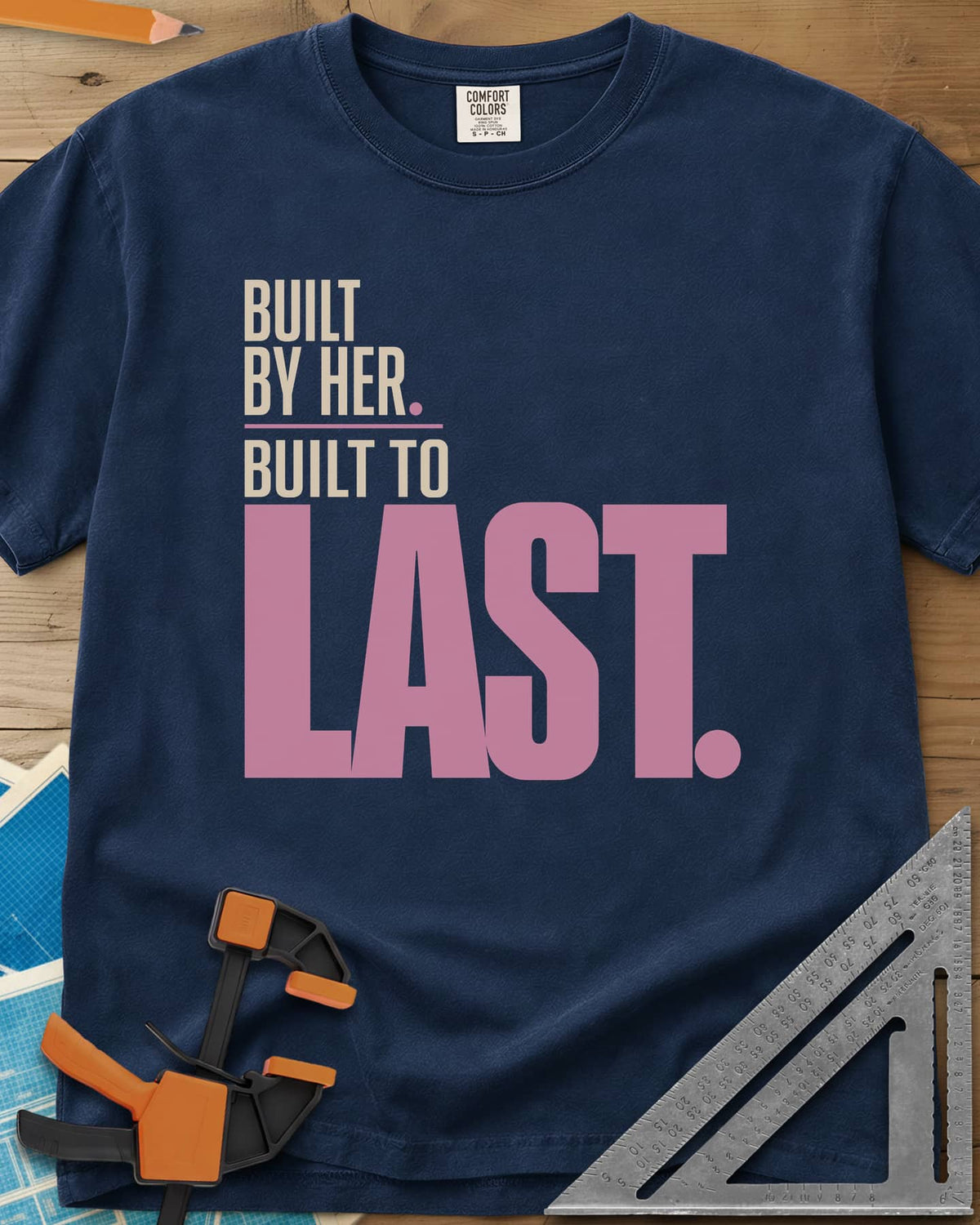 Built To Last heavyweight tee in Navy, bold type only, with LAST set huge in pink