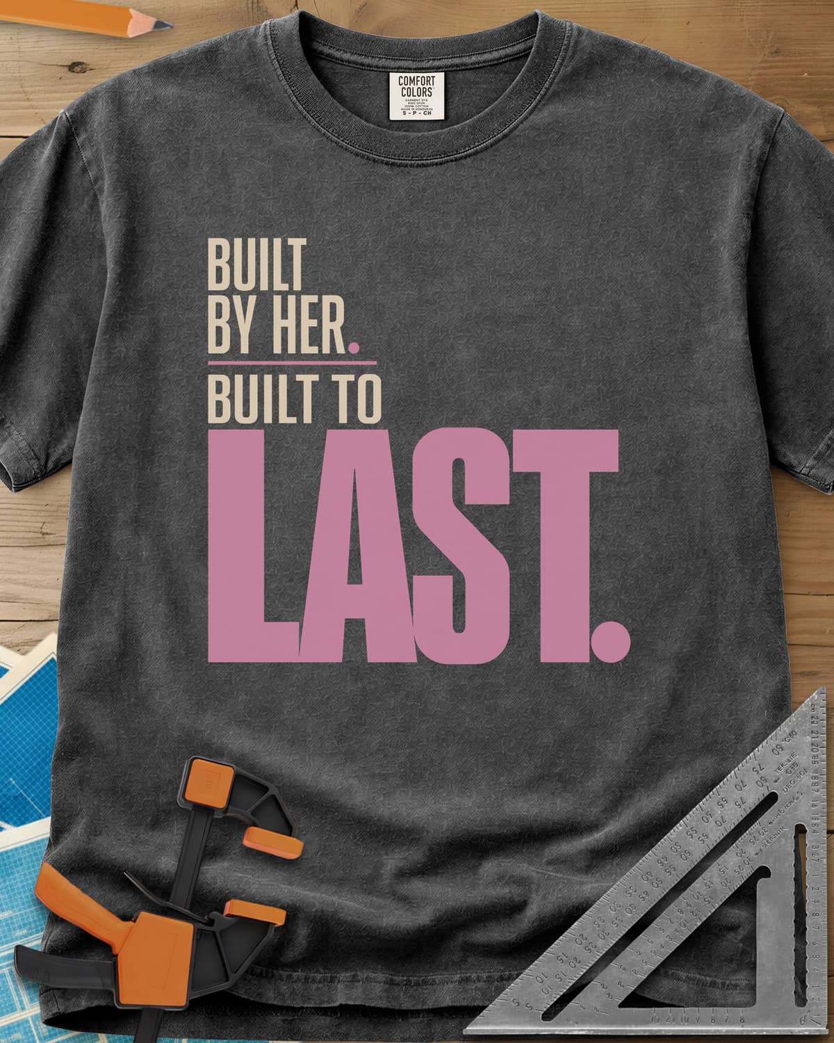 Built To Last heavyweight tee in Pepper, bold type only, with LAST set huge in pink