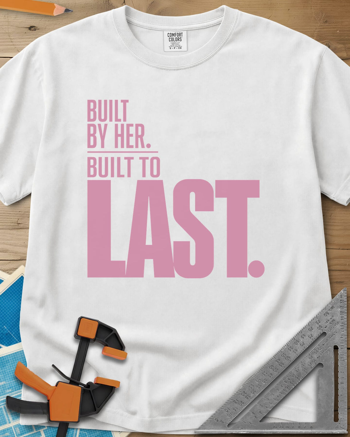 Built To Last heavyweight tee in White, bold type only, with LAST set huge in pink