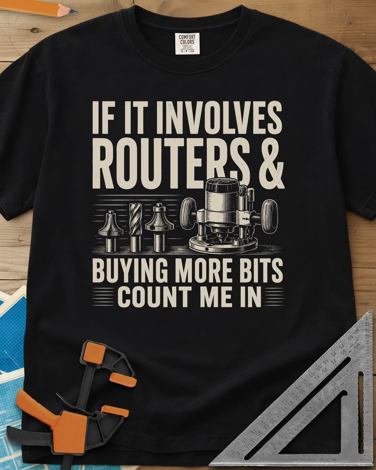 Buying More Router Bits heavyweight tee in Black, an engraved plunge router with three router bits