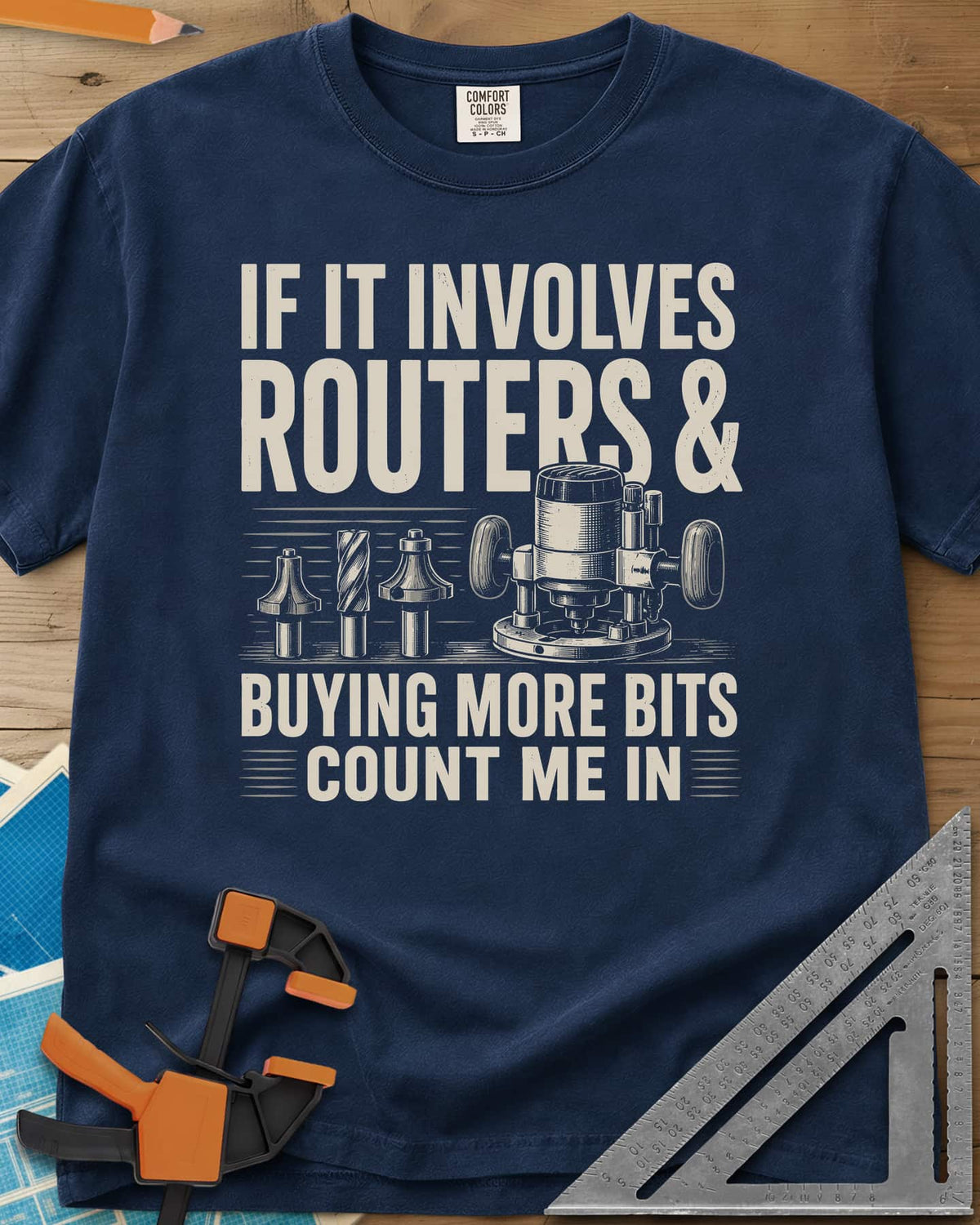 Buying More Router Bits heavyweight tee in Navy, an engraved plunge router with three router bits