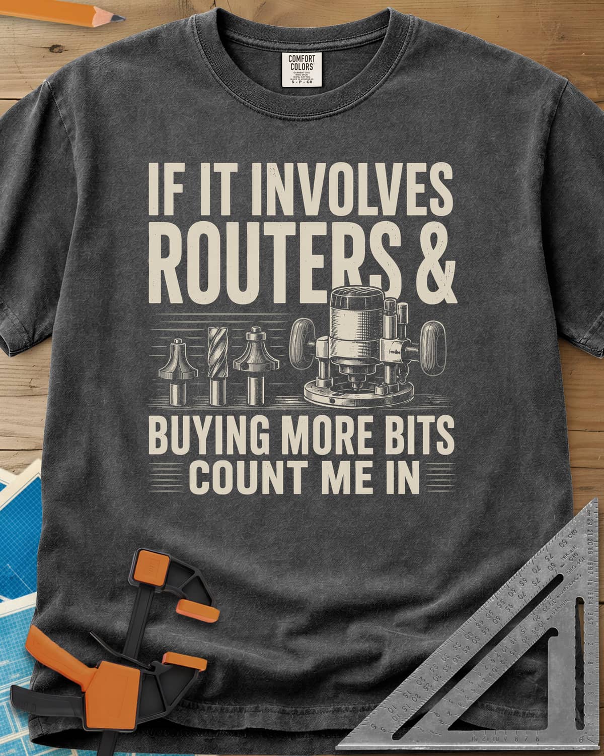 Buying More Router Bits heavyweight tee in Pepper, an engraved plunge router with three router bits