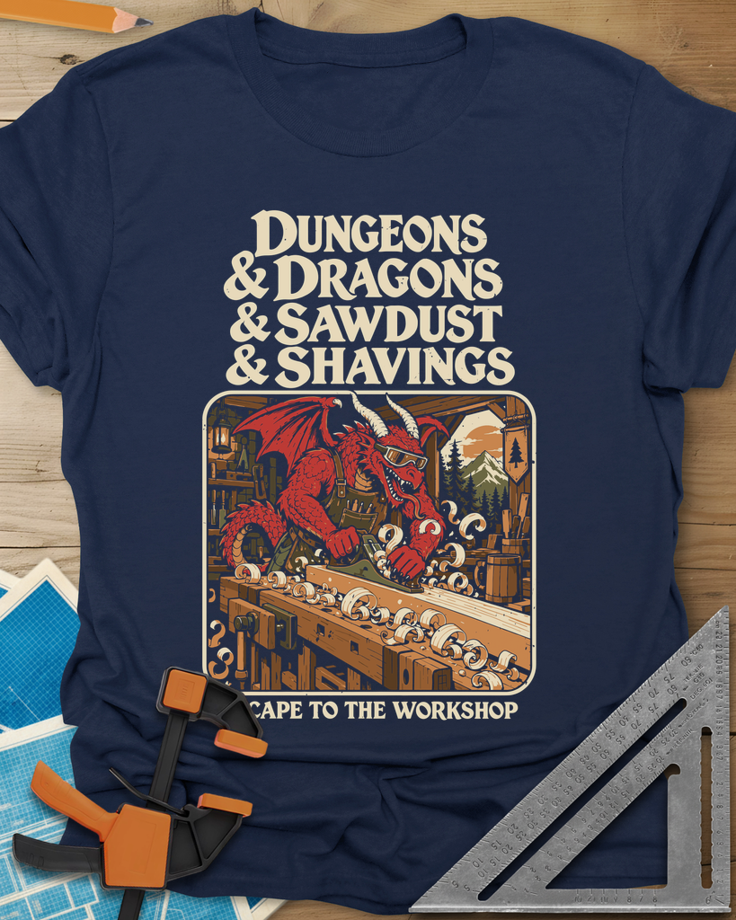 Escape To The Workshop t-shirt in Navy, a red dragon in goggles planing a board at a workbench