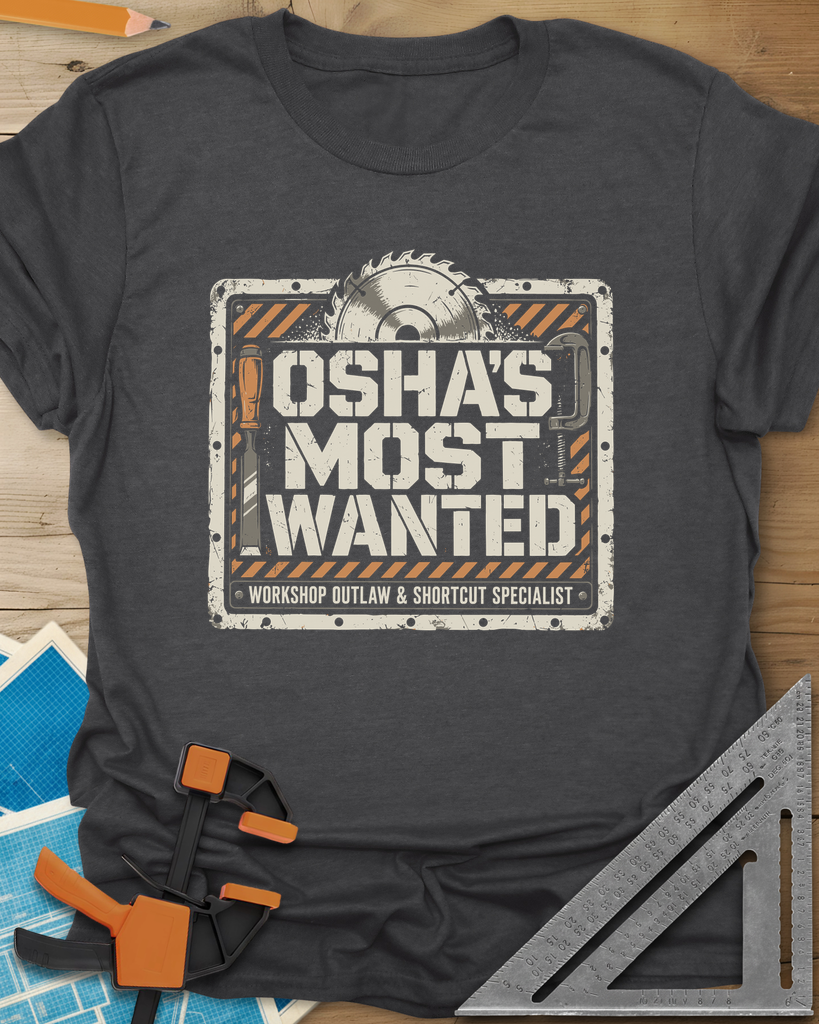 OSHA'S Most Wanted t-shirt in Dark Heather Grey, a saw blade, chisel and C-clamp around a hazard-striped plate