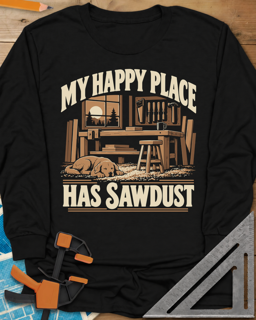 My Happy Place Has Sawdust Long Sleeve Tee — black