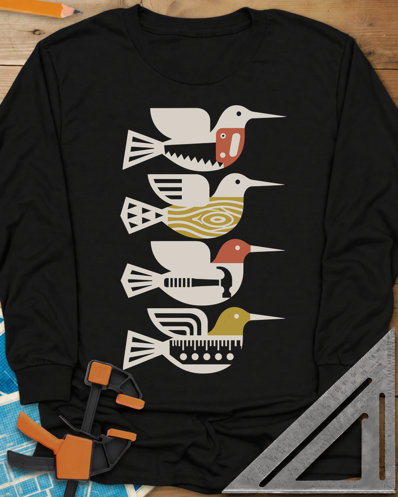 Woodworking Birds Long Sleeve Tee — black