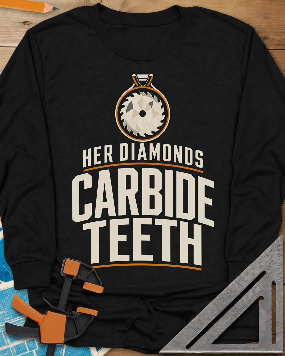 Carbide Teeth long sleeve shirt in Black, a saw blade cut like a gemstone hanging as a pendant