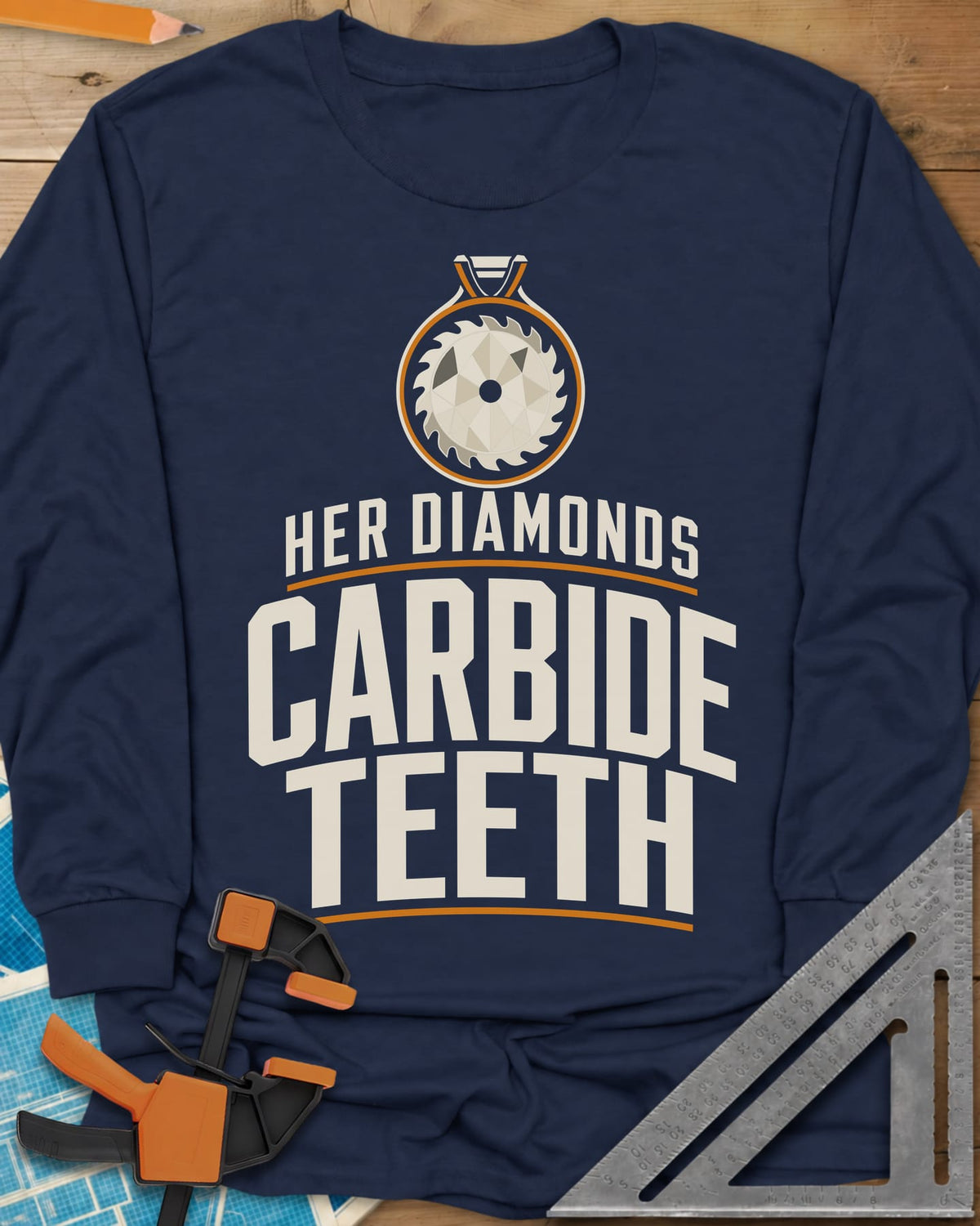 Carbide Teeth long sleeve shirt in Navy, a saw blade cut like a gemstone hanging as a pendant