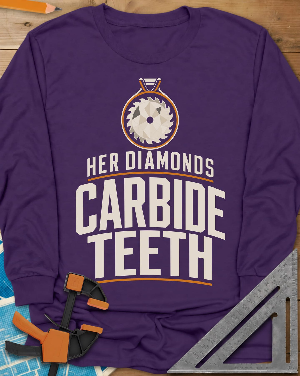 Carbide Teeth long sleeve shirt in Purple, a saw blade cut like a gemstone hanging as a pendant