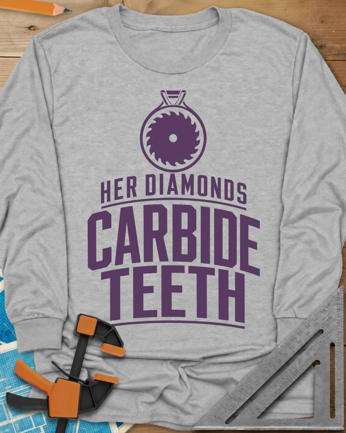 Carbide Teeth long sleeve shirt in Sport Grey, a saw blade cut like a gemstone hanging as a pendant