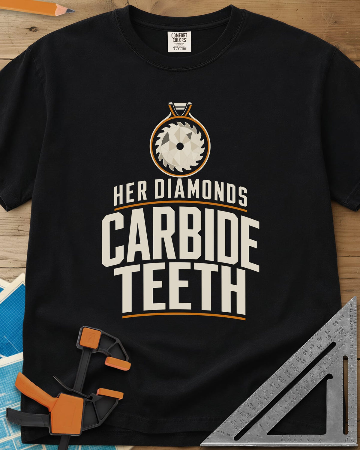 Carbide Teeth heavyweight tee in Black, a saw blade cut like a gemstone hanging as a pendant