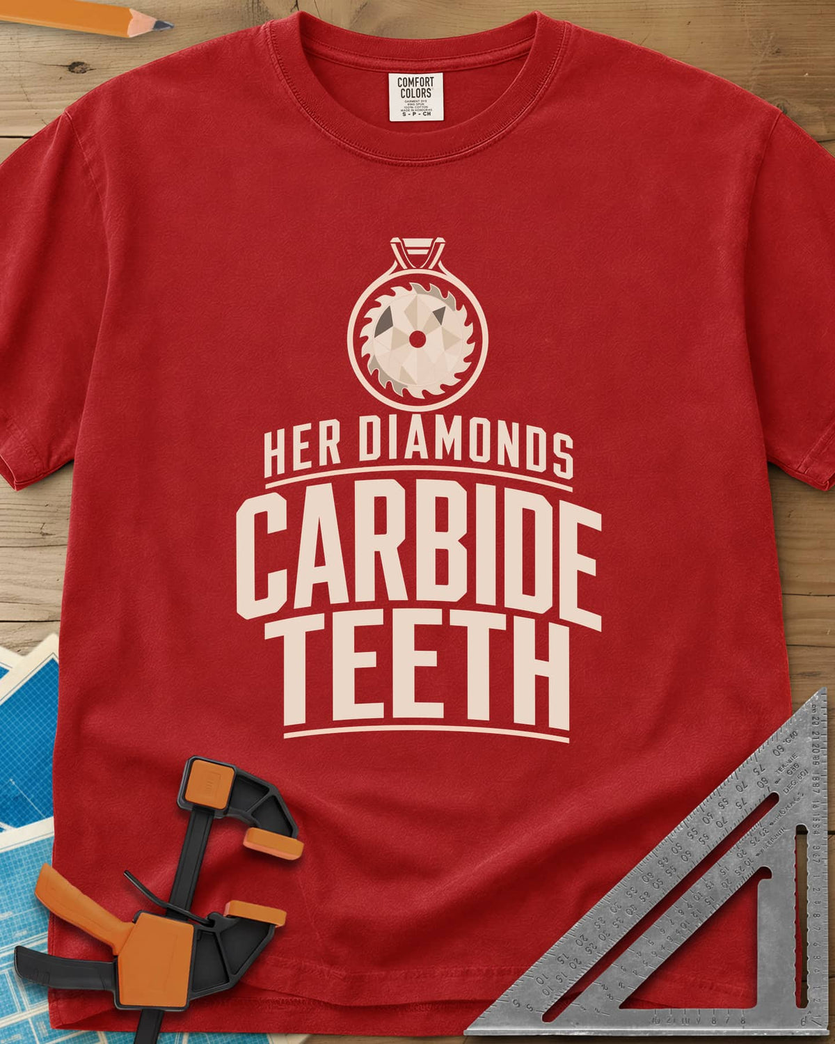 Carbide Teeth heavyweight tee in Red, a saw blade cut like a gemstone hanging as a pendant