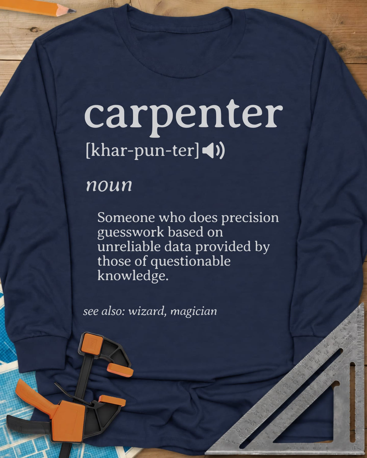 Carpenter Definition long sleeve shirt in Navy, a dictionary-style entry defining the word carpenter