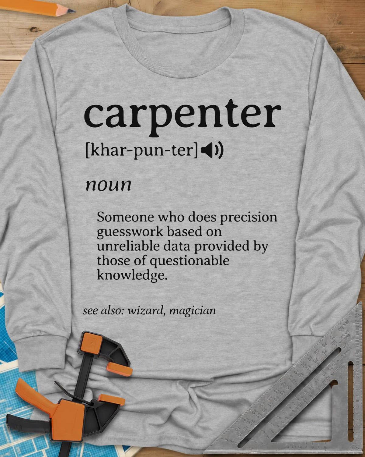 Carpenter Definition long sleeve shirt in Sport Grey, a dictionary-style entry defining the word carpenter