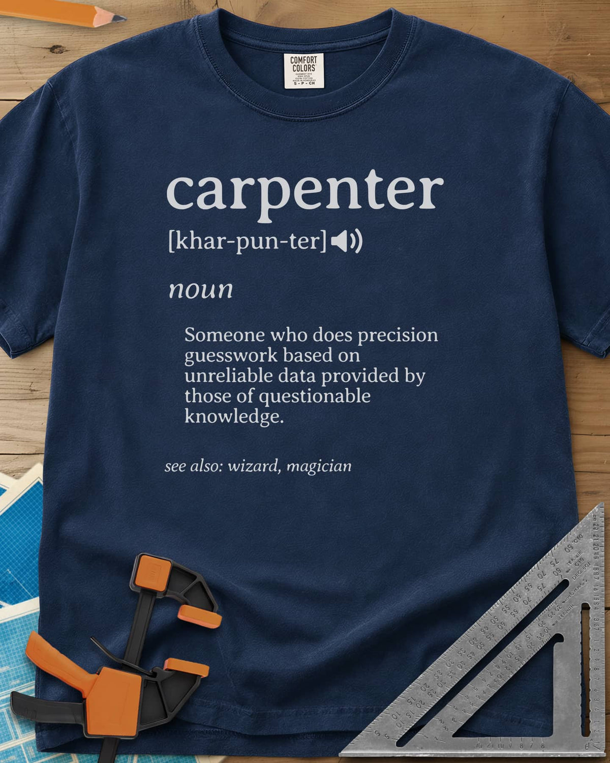 Carpenter Definition heavyweight tee in Navy, a dictionary-style entry defining the word carpenter
