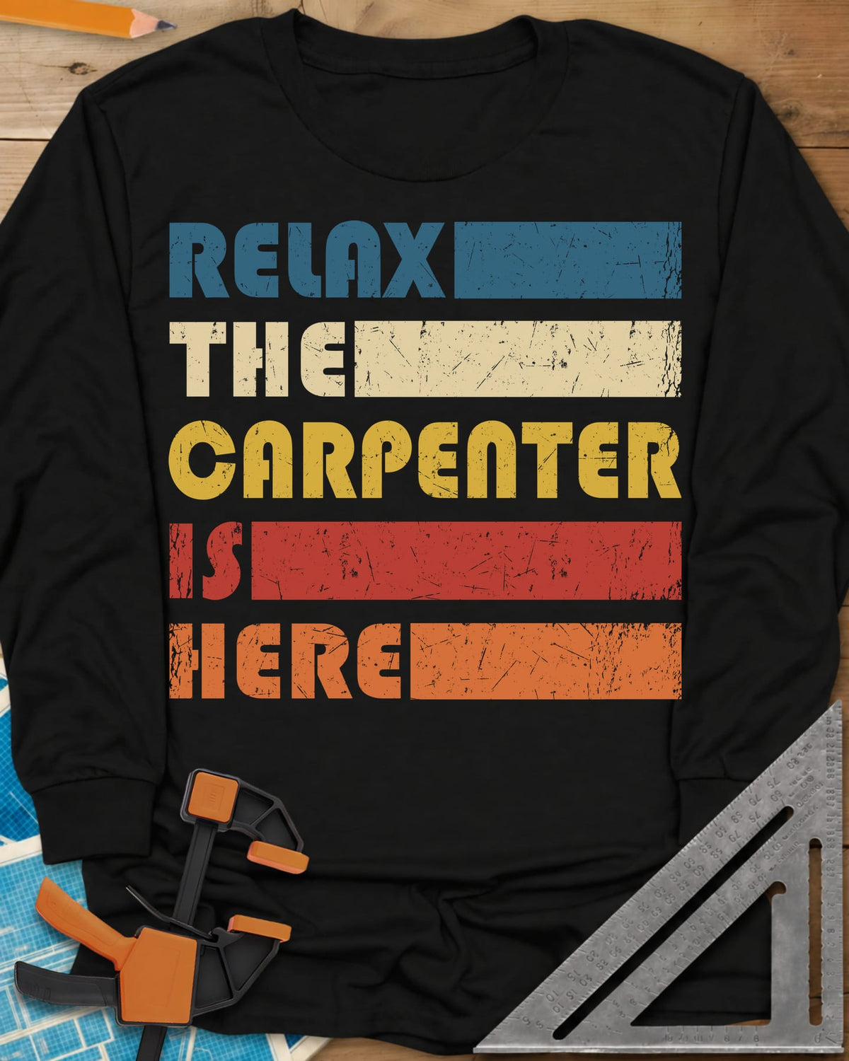 Carpenter is Here long sleeve shirt in Black, retro stacked lettering with solid color bars in five colors