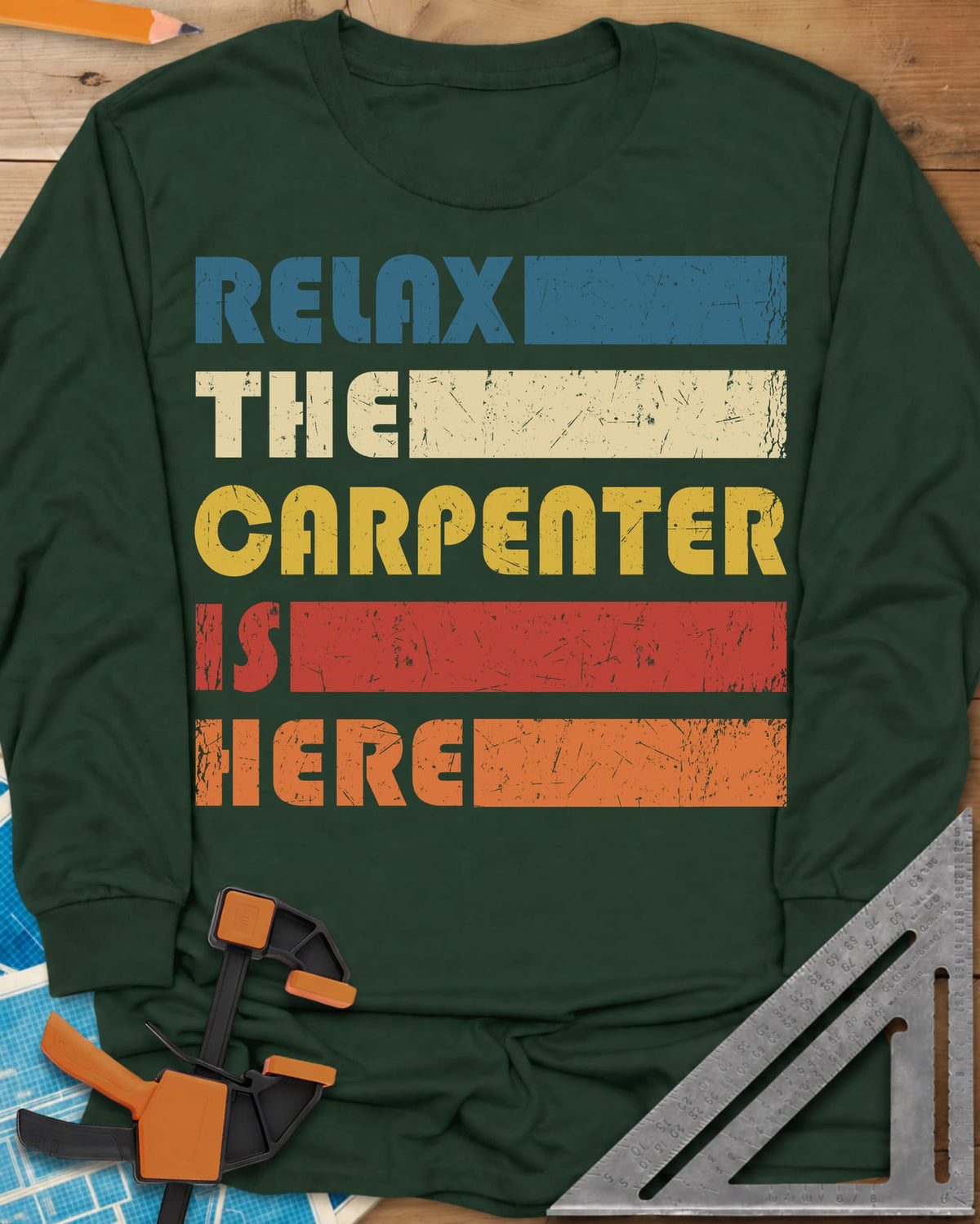 Carpenter is Here long sleeve shirt in Forest Green, retro stacked lettering with solid color bars in five colors